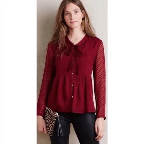 Anthropologie Meadow Rue Silk Burgundy Swiss Dot Tie Neck Blouse - Picture 1 of 9